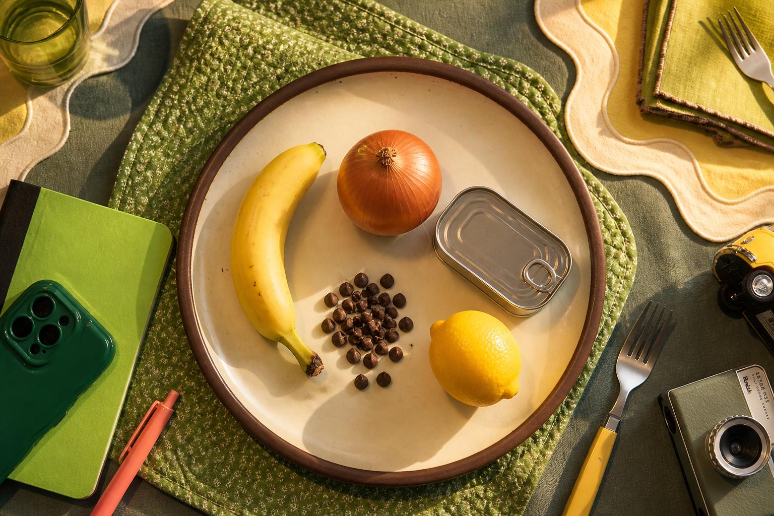 A dinner plate holding only a banana, an onion, a tin of fish, a lemon and scattered chocolate chips.